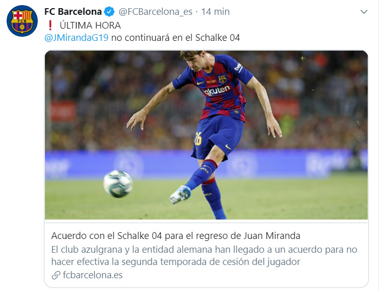 Anuncio del acuerdo entre el Barça y el Schalke sobre Miranda / Redes