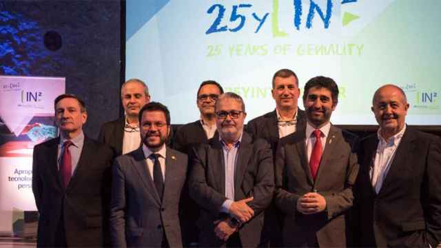 El exconsejero Felip Puig (d) junto a Jordi Puigneró y Pere Aragonès en el 25 aniversario de la consultora IN2