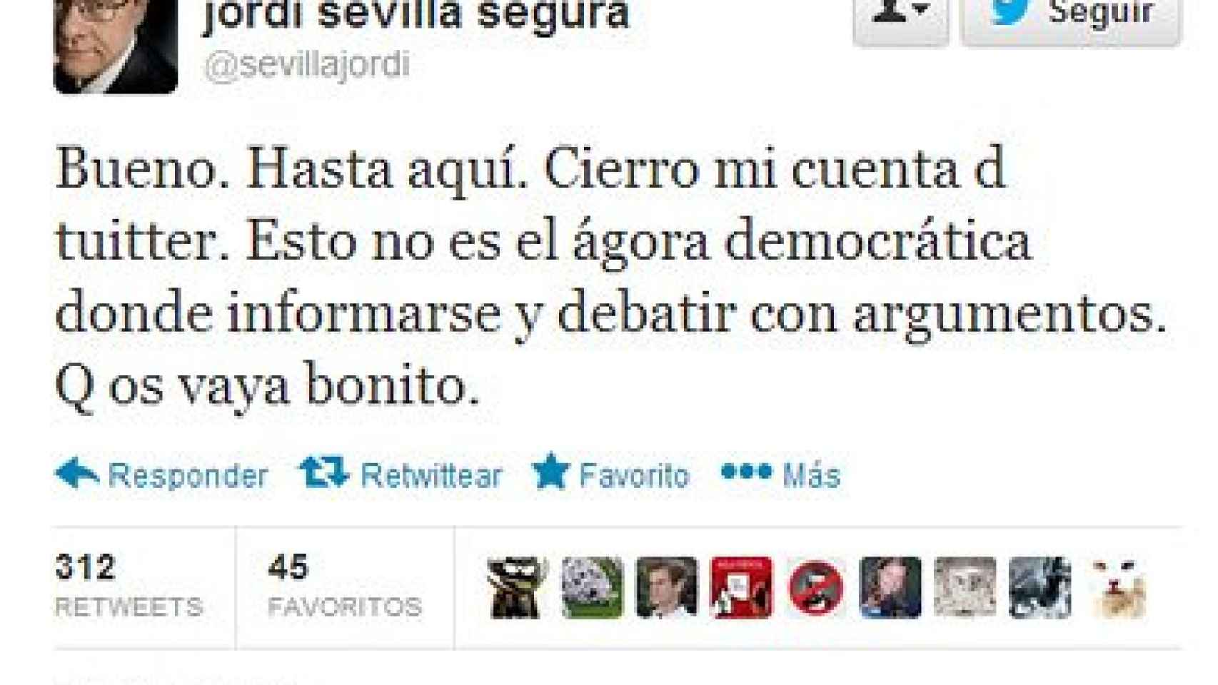 Tuit de Jordi Sevilla que recoge la decisión del ex ministro del PSOE