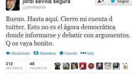 Tuit de Jordi Sevilla que recoge la decisión del ex ministro del PSOE