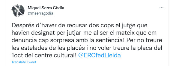 Mensaje del exalcalde de Alcarràs, Miquel Serra / TWITTER