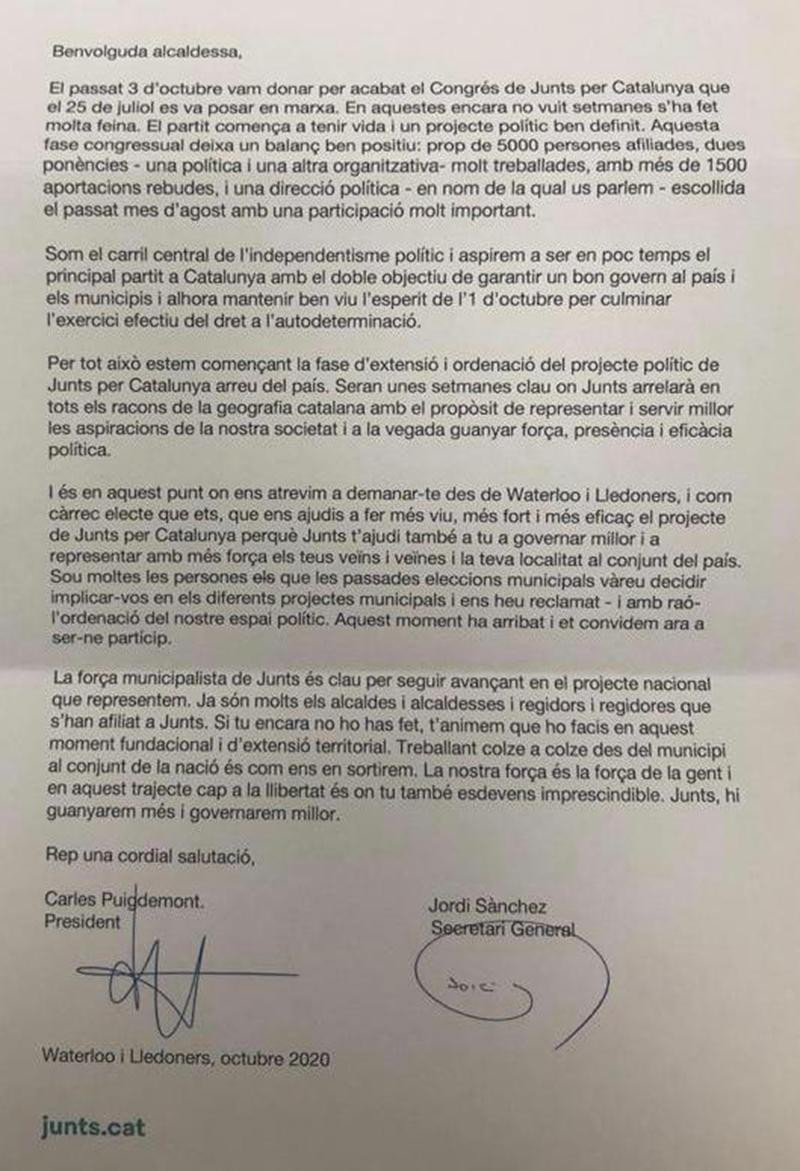Carta de Puigdemont a los alcaldes de Junts