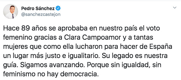 Tuit de Pedro Sánchez en el 89 aniversario de la aprobación del sufragio femenino en España / TWITTER