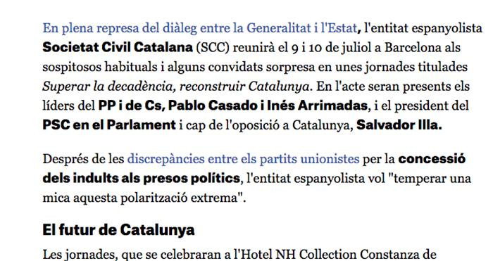 Fragmento del artículo de 'El Nacional' donde se informa de unas jornadas de Sociedad Civil Catalana