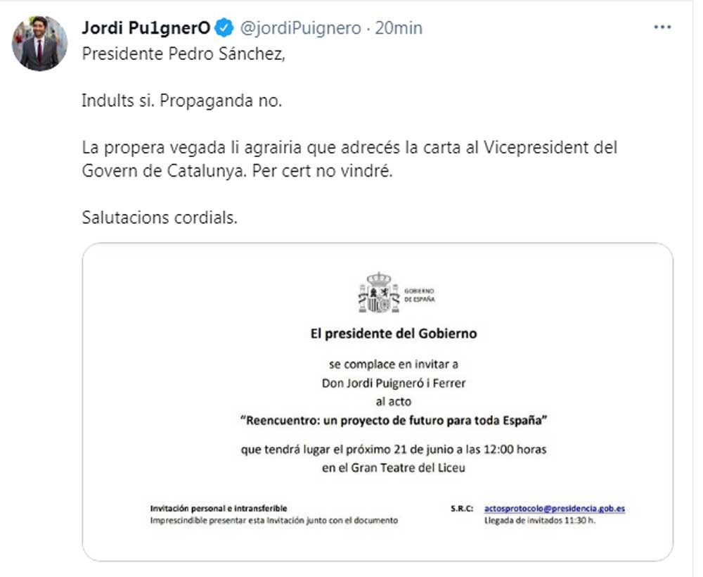 Jordi Puigneró, vicepresidente de la Generalitat, rechazando la invitación de Pedro Sánchez / TWITTER