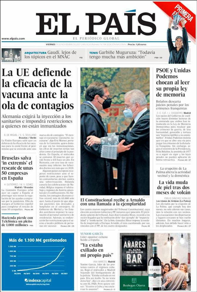 Portada 'El País' del 19 de noviembre de 2021 / Kiosko.net