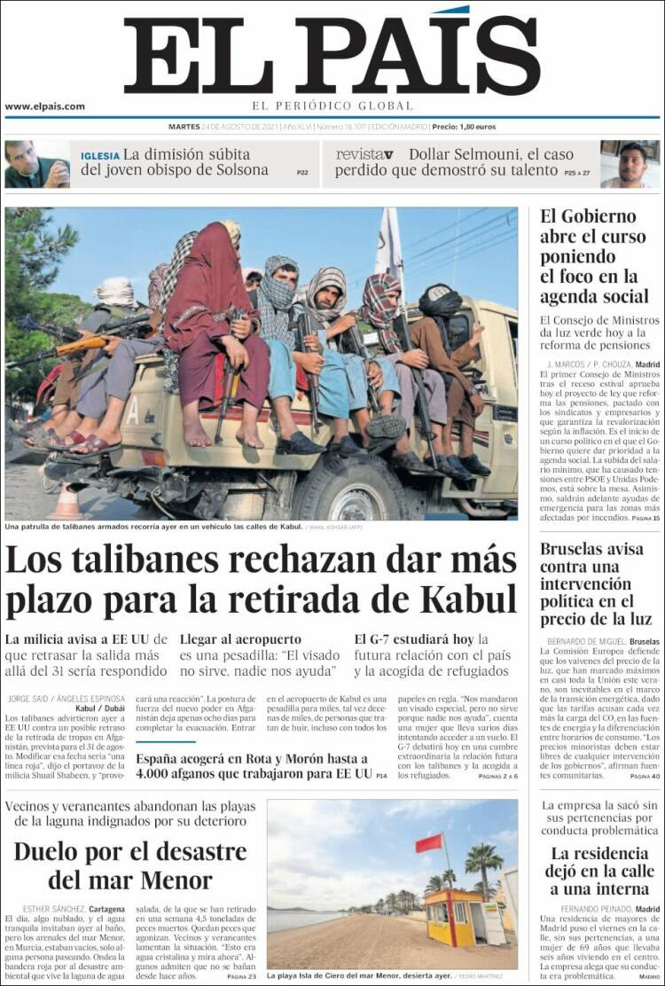 Portada de 'El País' del 24 de agosto de 2021 / KIOSKO.NET