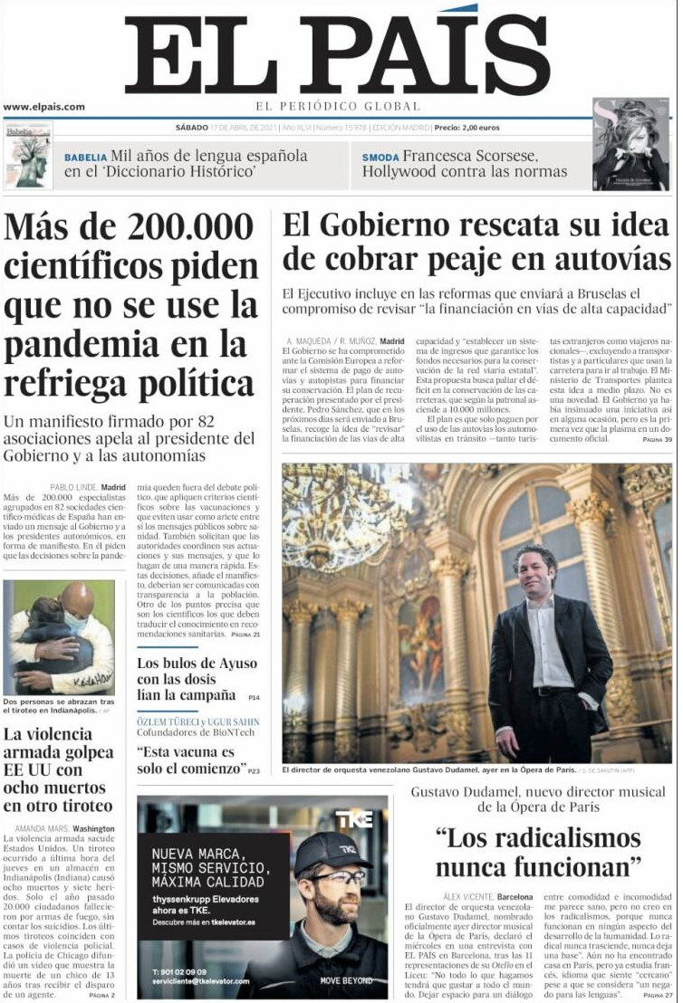 Portada de 'El País' del 17 de abril de 2021 / EL PAÍS