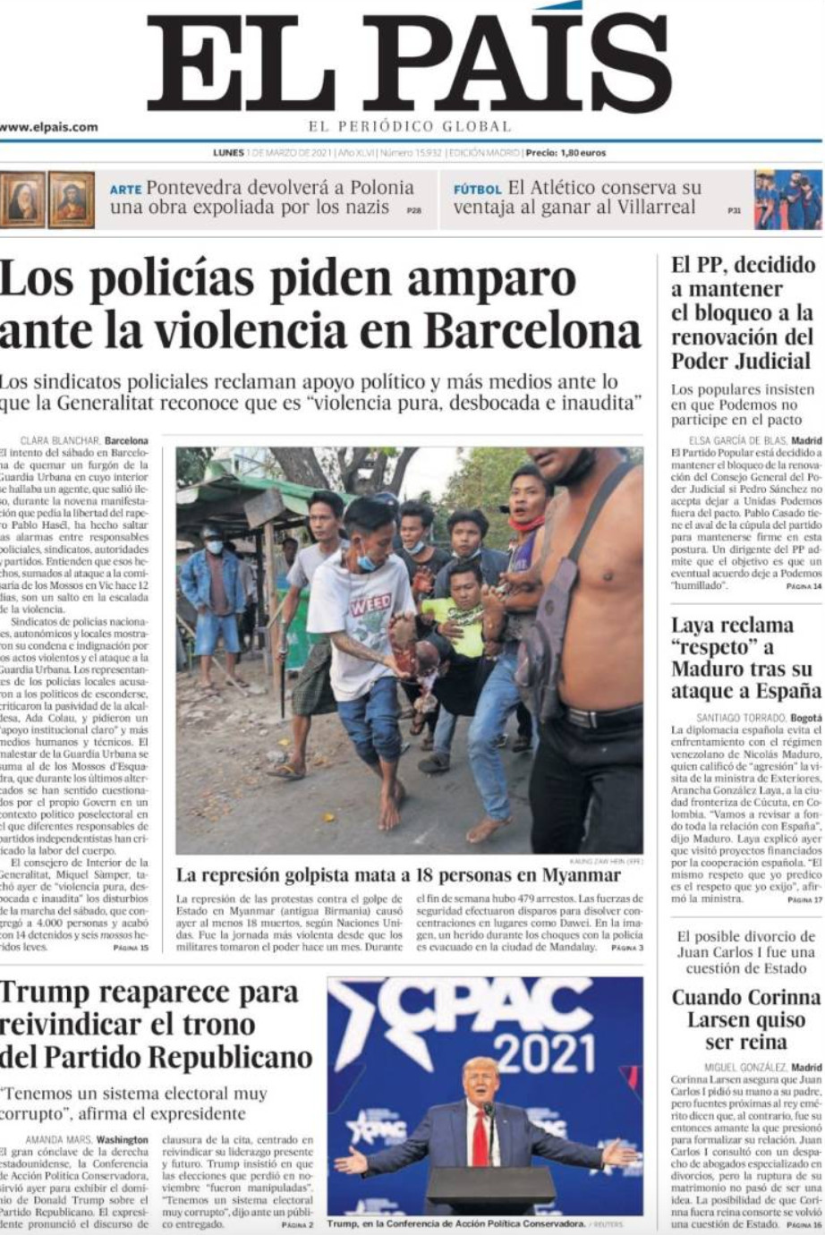 Portada de 'El País' del 1 de marzo de 2021 / KIOSKO.NET
