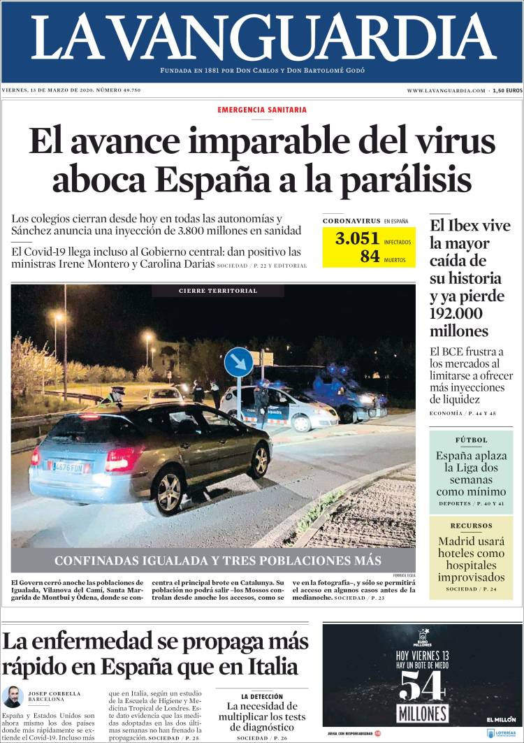 Portada de La Vanguardia del 13 de marzo de 2020