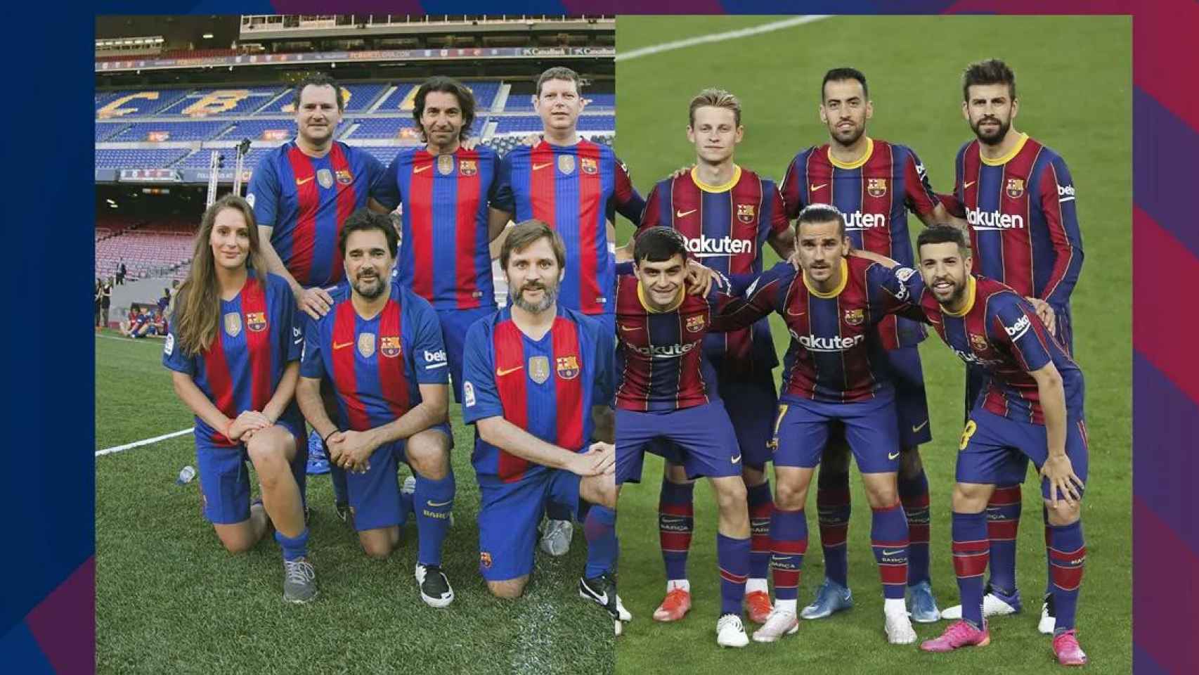 Un grupo de amigos y el primer equipo del Barça en el Camp Nou / FC BARCELONA