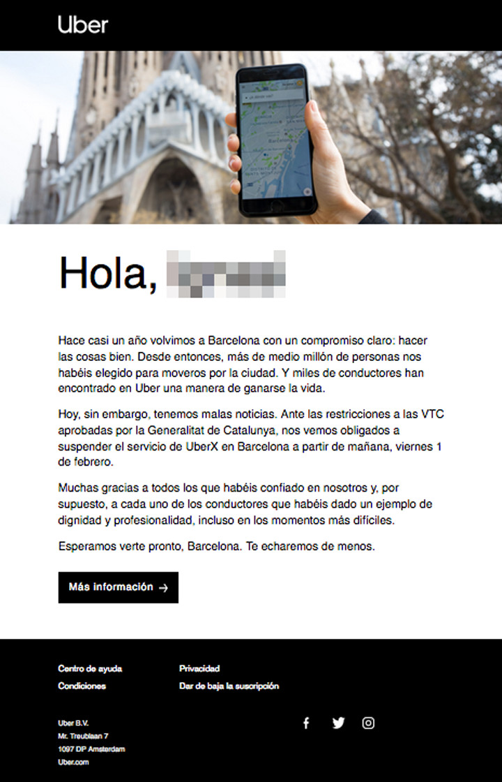 Correo electrónico enviado por Uber a sus usuarios anunciando que deja Barcelona / CG