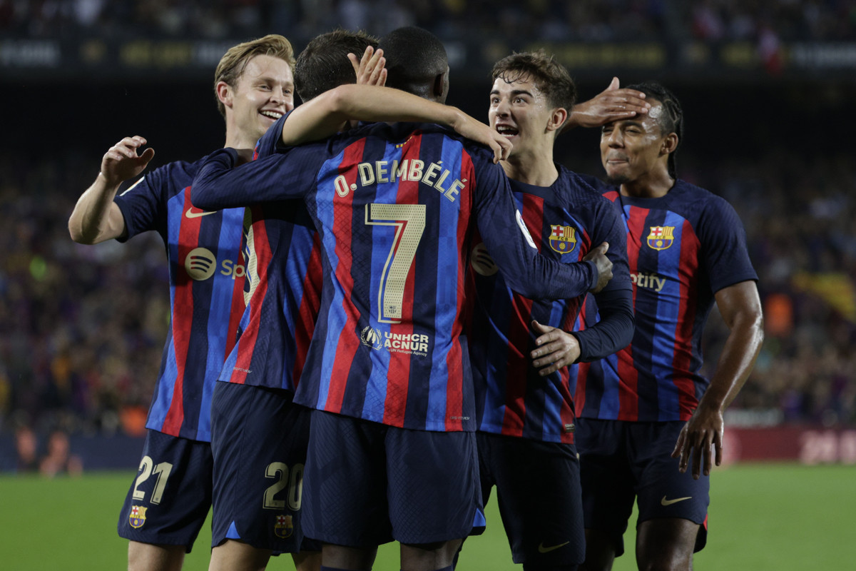 Dembelé, Frenkie de Jong, Koundé y Gavi, celebrando un gol ante el Athletic / EFE