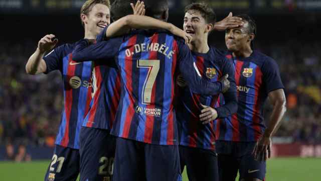 Dembelé, Frenkie de Jong, Koundé y Gavi, celebrando un gol ante el Athletic / EFE