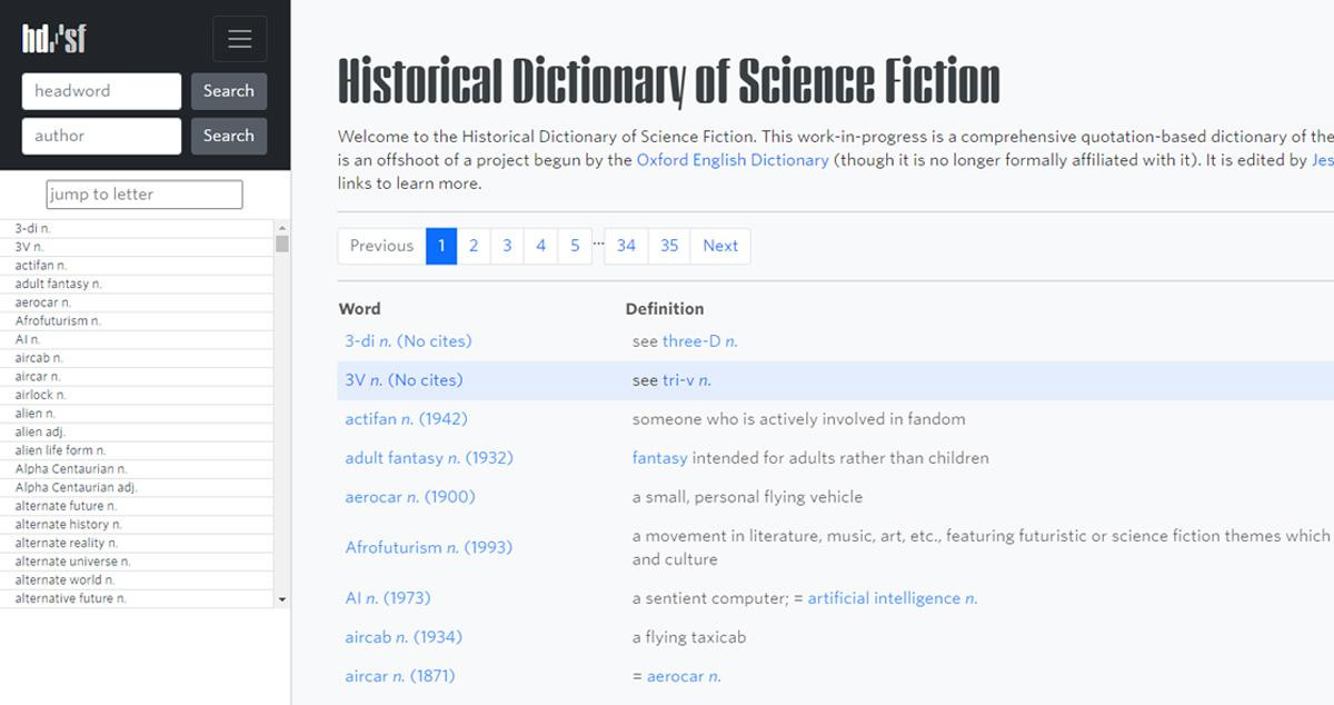 Captura de pantalla del diccionario de historia ficción / SFDICTIONARY