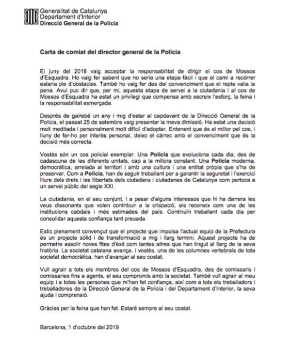 Carta de despedida del exdirector de los Mossos Andreu Joan Martínez
