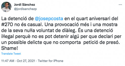 Jordi Sànchez responde en Twitter a la detención de Josep Costa
