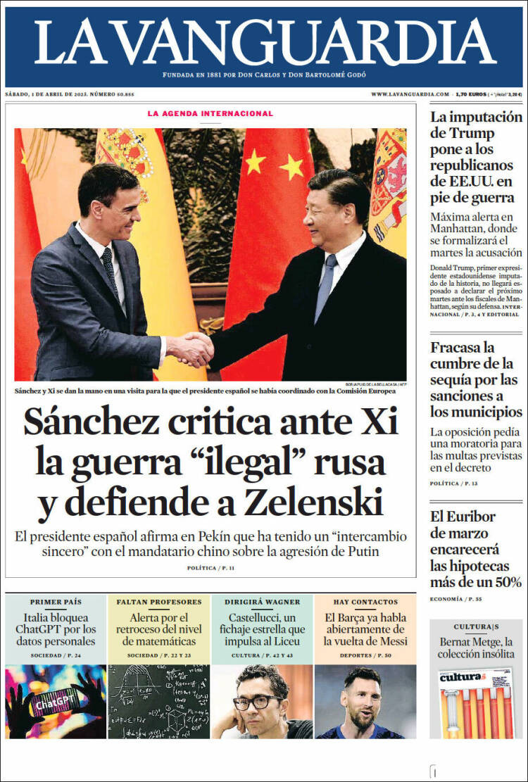 Portada de 'La Vanguardia' del 1 de abril de 2023