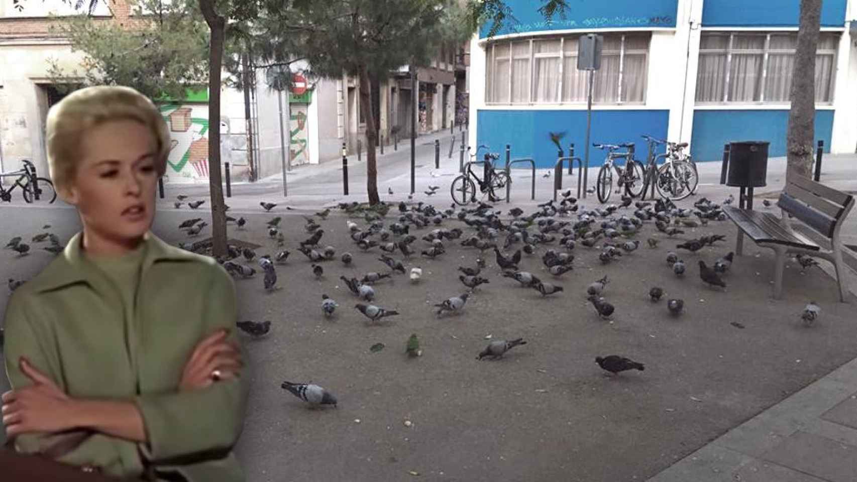 Tippi Hedren, protagonista de la película 'Los pájaros', revive sus miedos en la plaza del Nord, en Barcelona / FOTOMONTAJE DE CG