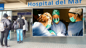 Un grupo de usuarios y médicos ante la puerta del Parc Salut Mar de Barcelona (PSMAR ) / FOTOMONTAJE CG