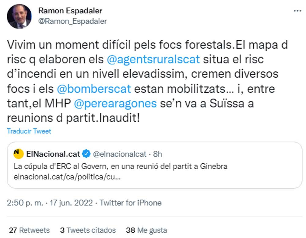 Ramon Espadaler, criticando el viaje de Aragonès a Suiza en plena ola de incendios en Cataluña / TWITTER