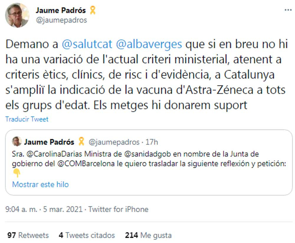 Jaume Padrós, presidente del Colegio de Médicos de Barcelona, pidiendo a la Generalitat que incumpla las instrucciones del Gobierno sobre la vacuna de AstraZeneca / TWITTER