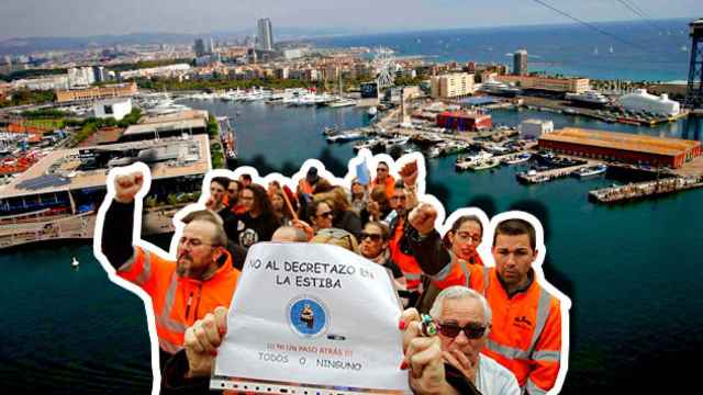 Huelga de estibadores portuarios, de fondo el puerto de Barcelona / FOTOMONTAJE DE CG