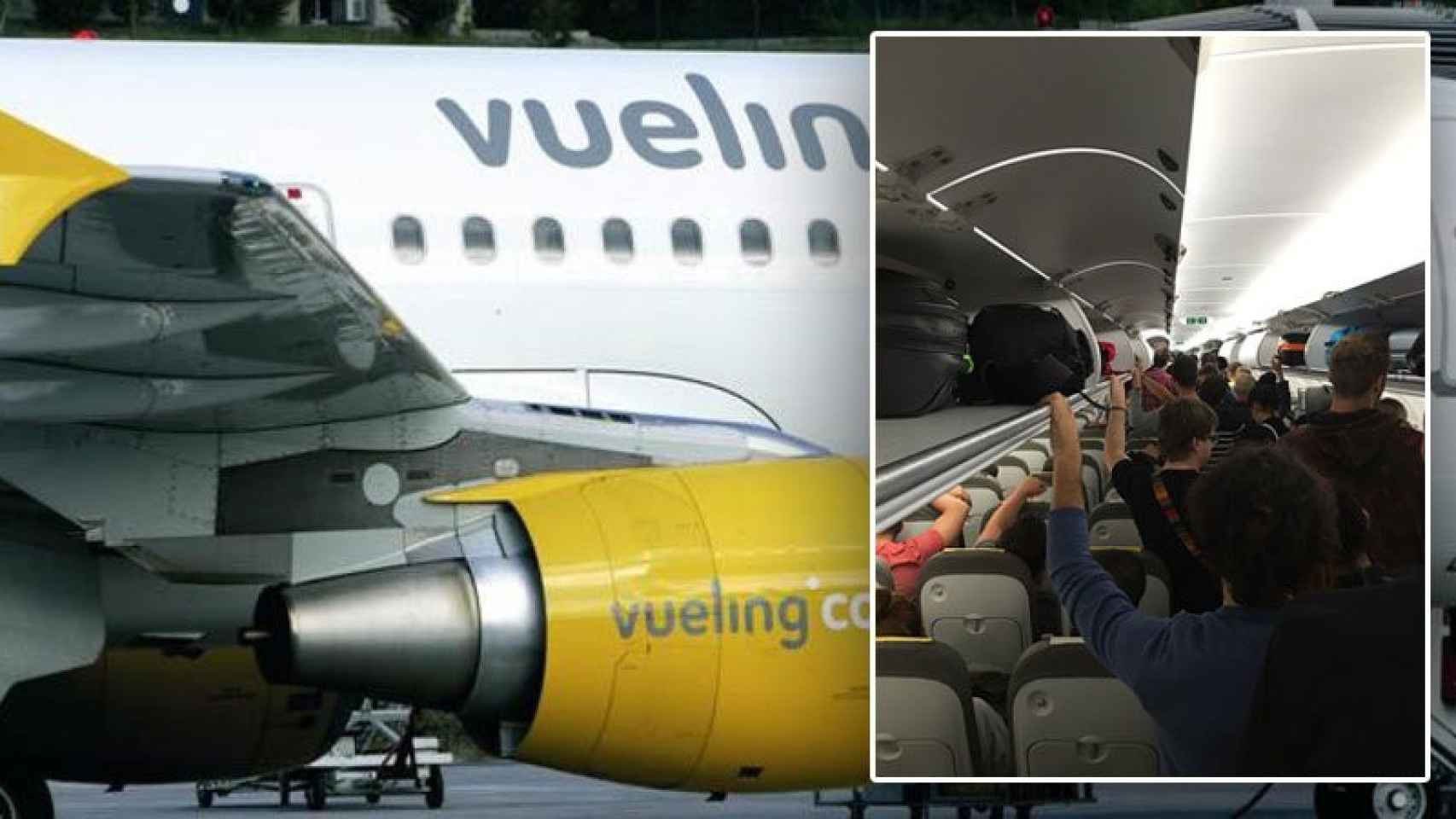 Interior del vuelo Barcelona-Ámsterdam del martes y una aeronave de Vueling.