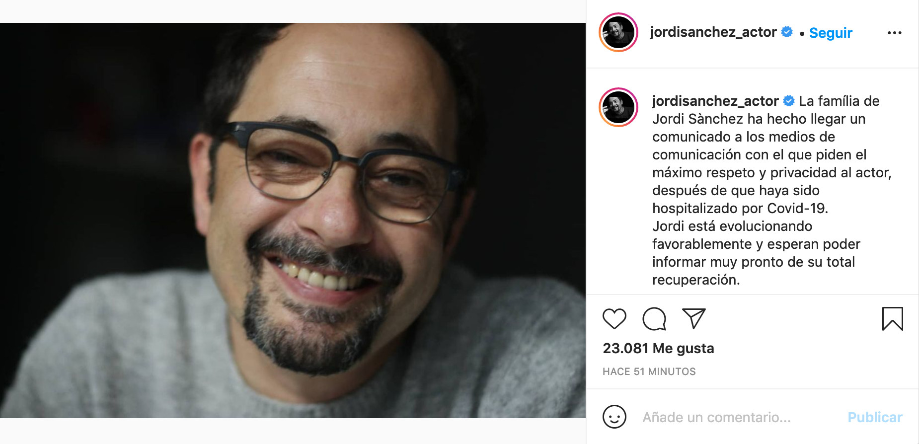 La familia de Jordi Sánchez confirma que evoluciona favorablemente / INSTAGRAM