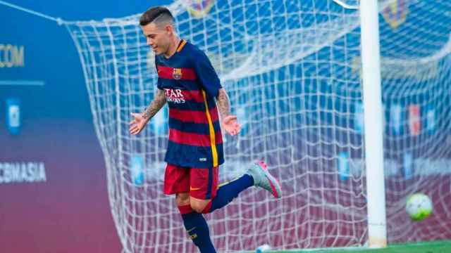 Maxi Rolón, celebrando un gol con la camiseta del Barça / FCB