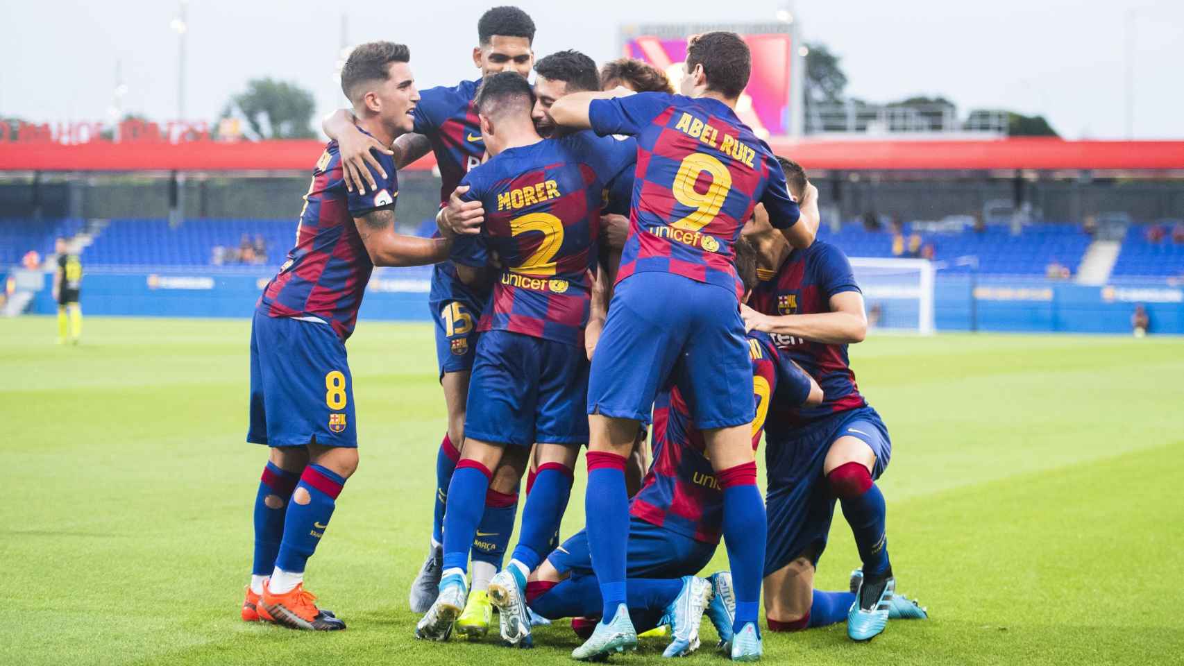 Sarsanedas, Morer y Abel Ruiz celebrando un gol del Barça B contra el Nástic / FC Barcelona