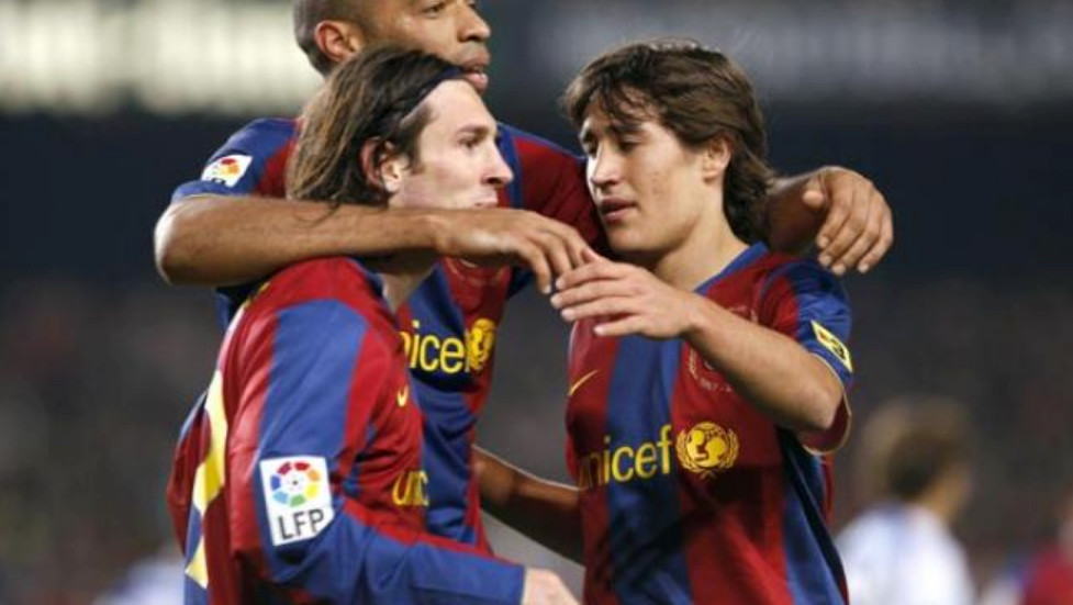 Leo Messi y Bojan Krkic, celebran un gol junto a Thierry Henry / EFE