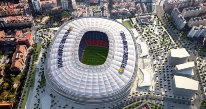 Imagen digital aérea del proyecto para el Camp Nou en el Espai Barça / FCB