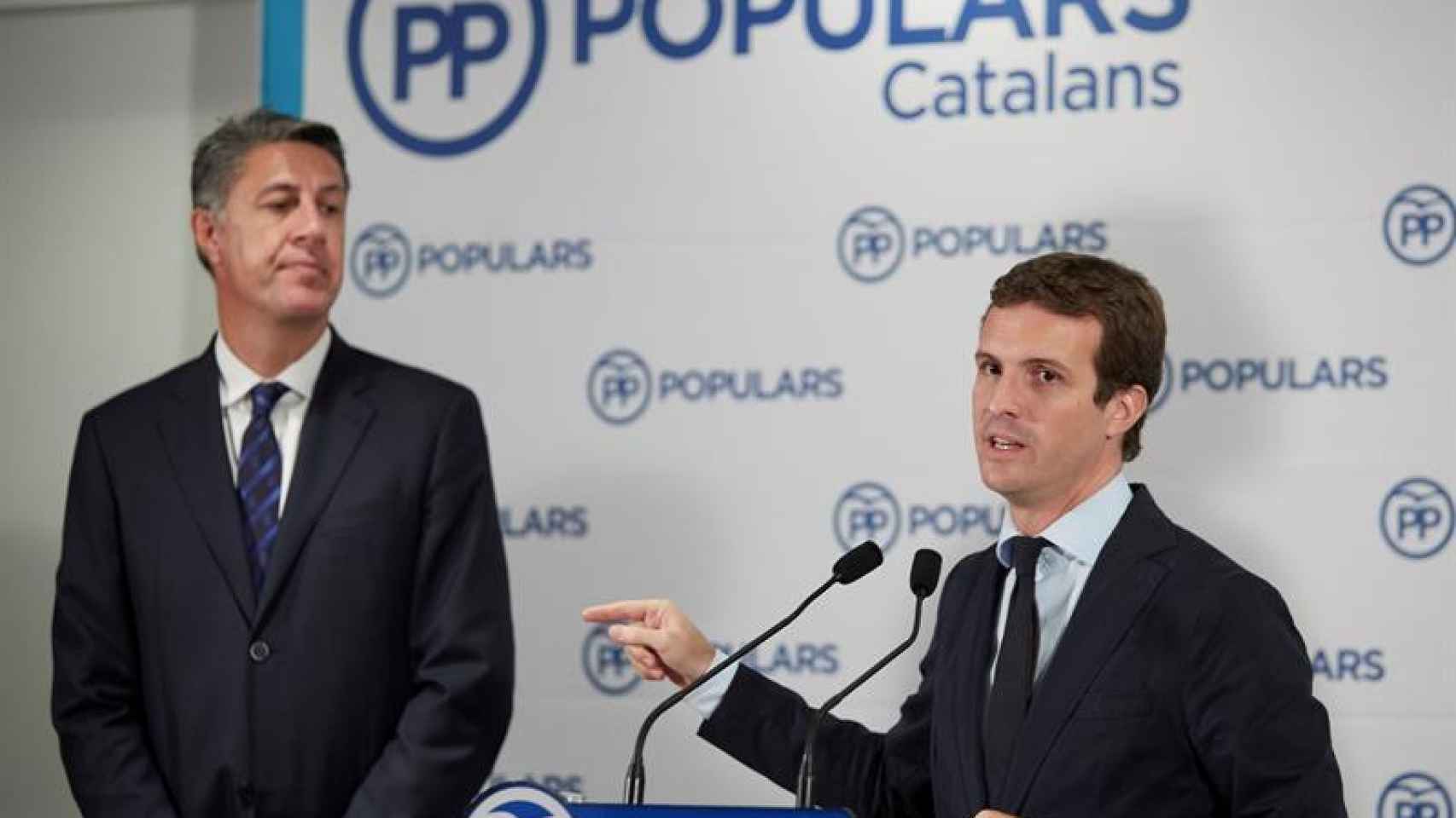 El presidente del PP, Pablo Casado, y el del PPC, Xavier García Albiol, durante una rueda de prensa / EFE