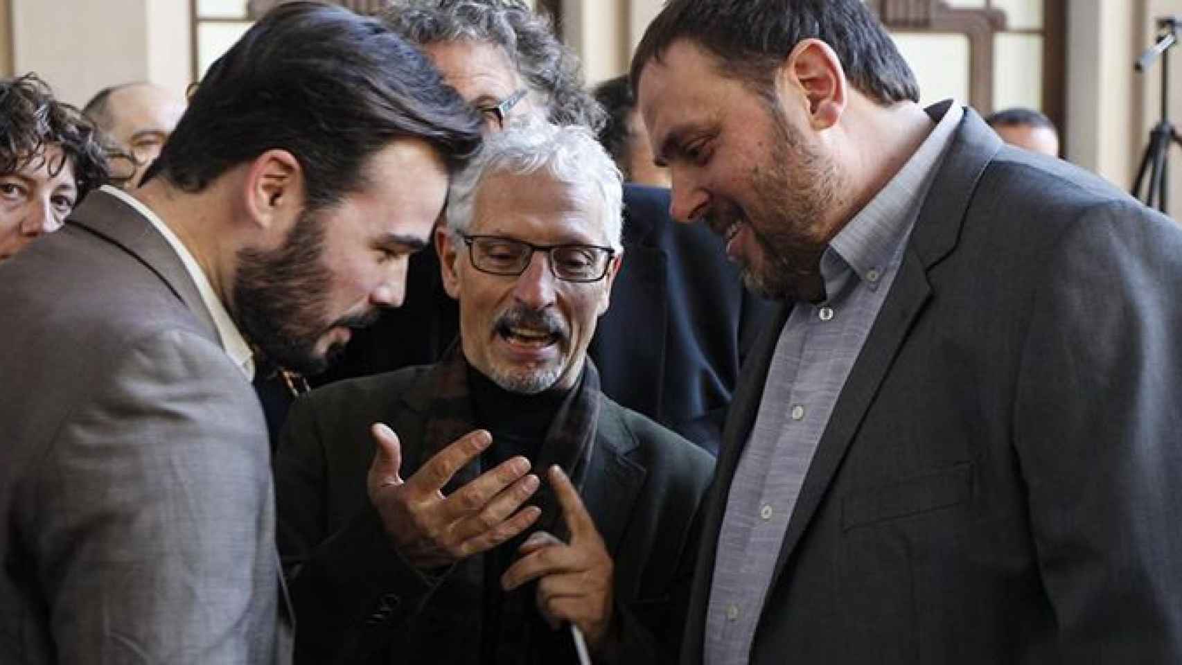 Oriol Junqueras, Santi Vidal y Gabriel Rufián (de derecha a izquierda), en un acto electoral de ERC / EFE