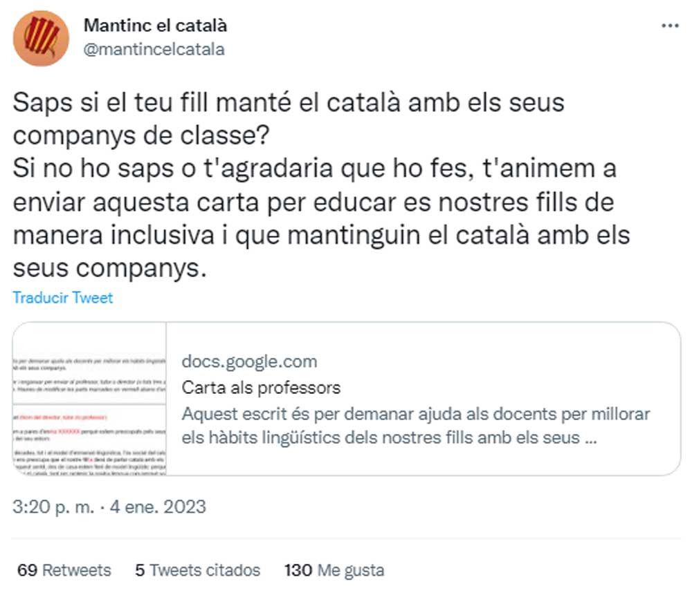 Mantinc el Català, alentando a sus seguidores a enviar cartas a las escuelas para controlar la lengua de sus hijos / @mantincelcatala (TWITTER)