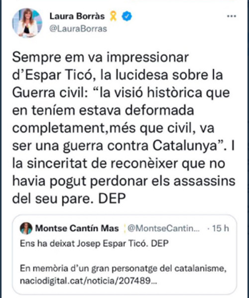 Tuit de Laura Borràs sobre la guerra civil española