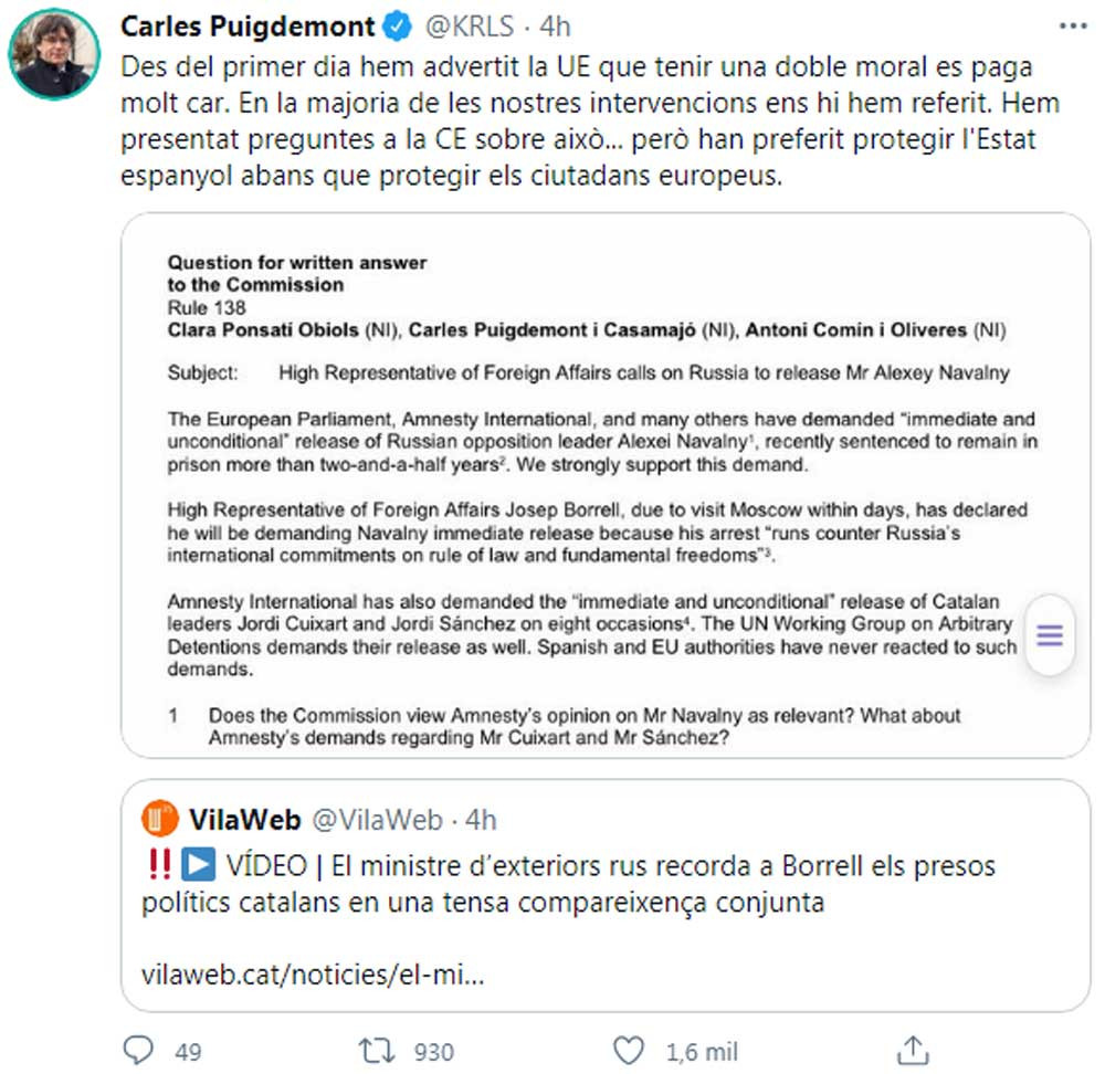 Puigdemont, criticando a la UE en Twitter