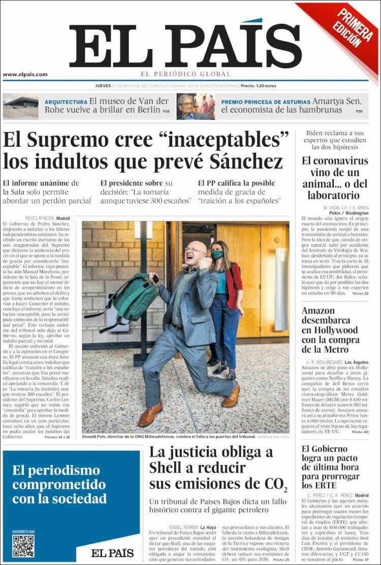 Portada de 'El País' del 27 de mayo de 2021 / EL PAÍS