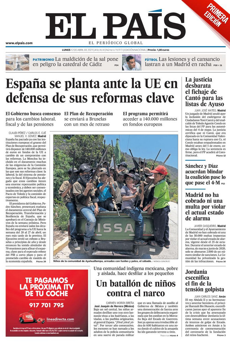 Portada de 'El País' del 12 de abril de 2021 / EL PAÍS