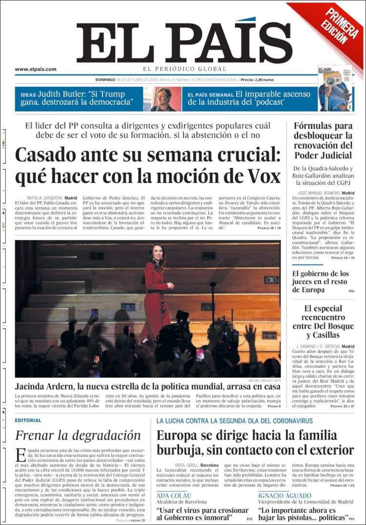 Portada de El País, 18 de octubre de 2020