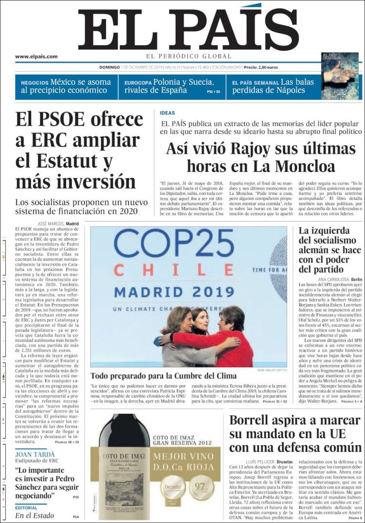 Portada de 'El País' del domingo 1 de diciembre