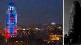 Fotomontaje de la torre de Jean Nouvel en la que se aprecia iluminada, de noche, y sin el mismo efecto durante el día.