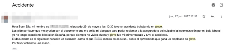 El correo electrónico en el que Alfredo notificó a Glovo su accidente. Nunca fue contestado / CG
