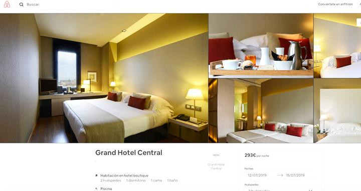 Imagen del Grand Hotel Central, propiedad de Pau Guardans, miembro de la junta del Gremio de Hoteles, en Airbnb / CG