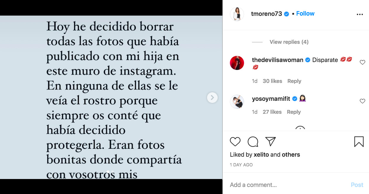 Toñi Moreno comunica la decisión de eliminar las fotos en las redes de su hija / INSTAGRAM