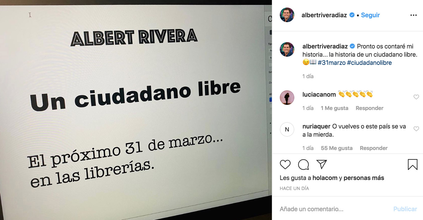 Albert Rivera anuncia en las redes sociales que lanzará su tercer libro al mercado / INSTAGRAM
