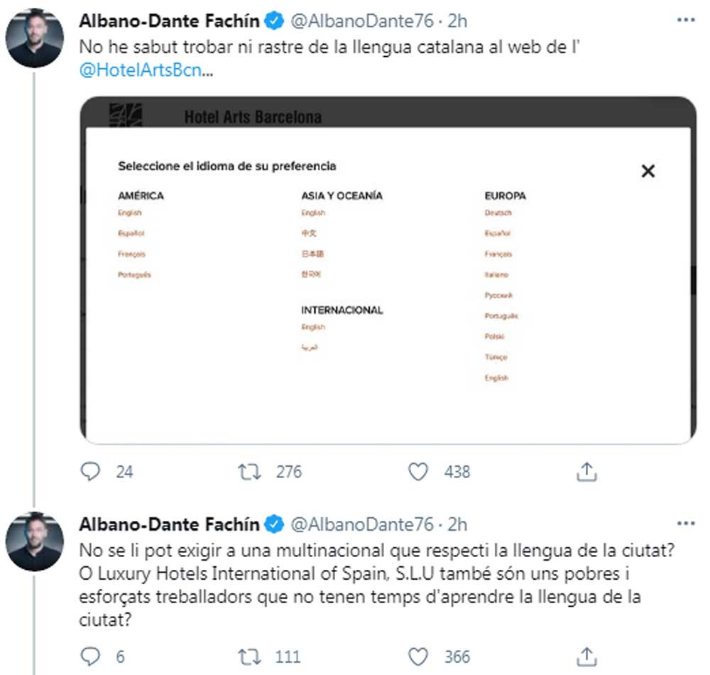 Albano Dante Fachín, delatando falsamente al Hotel Arts en Twitter / AlbanoDante76 (TWITTER)