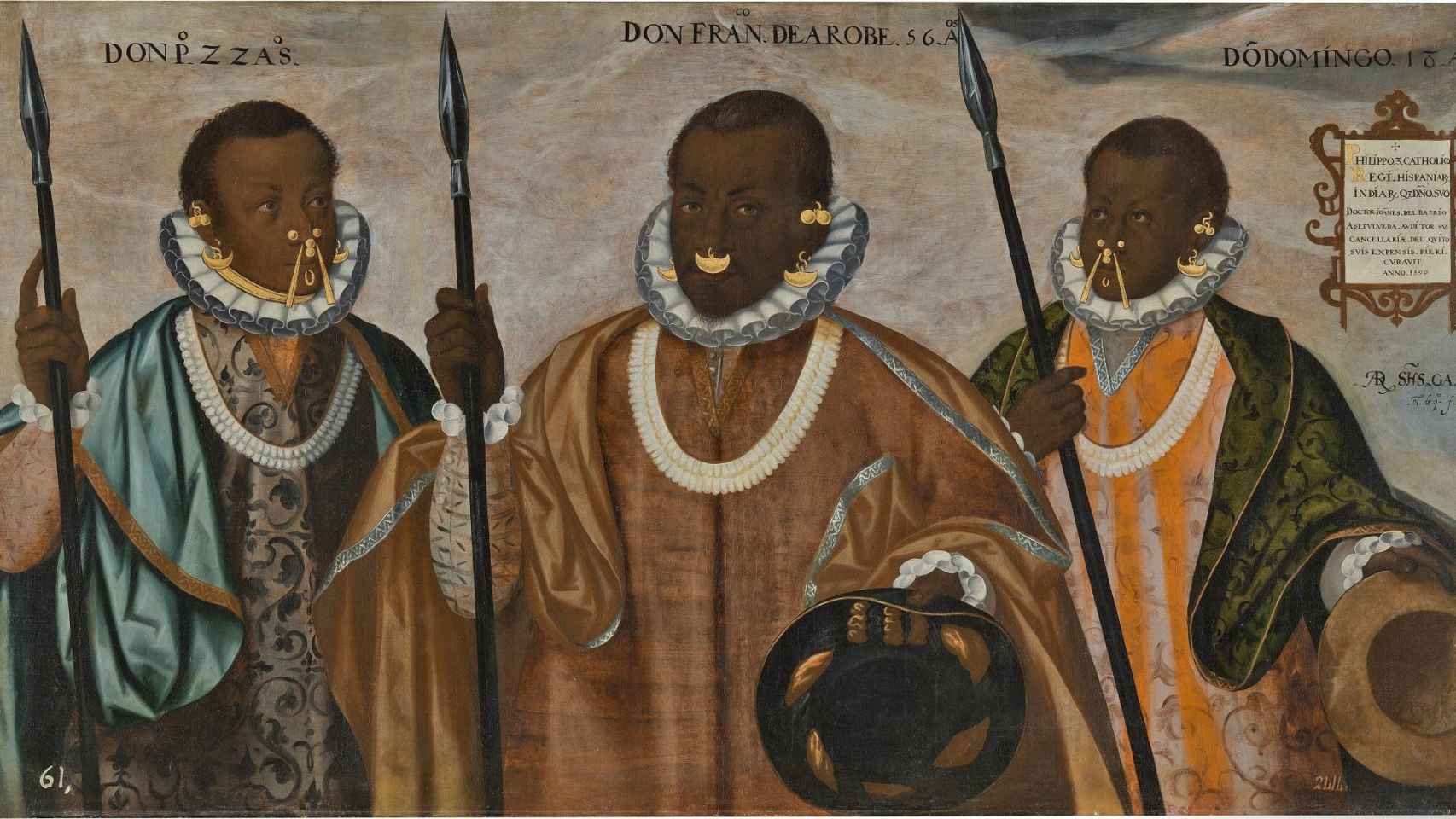 ‘Los tres mulatos de Esmeraldas’ (1599) de Andrés Sánchez Galque, caracterizados con golas españolas / MUSEO NACIONAL DEL PRADO