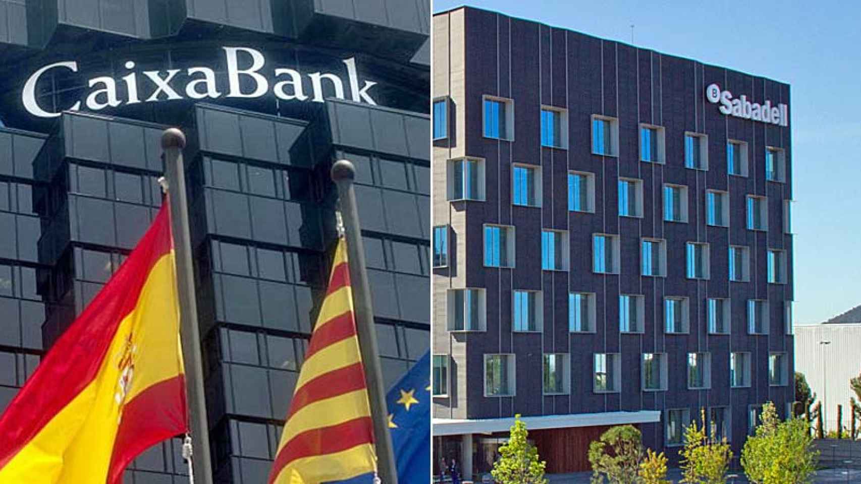 Los edificios de Caixabank y del Banco Sabadell en Barcelona / FOTOMONTAJE DE CG